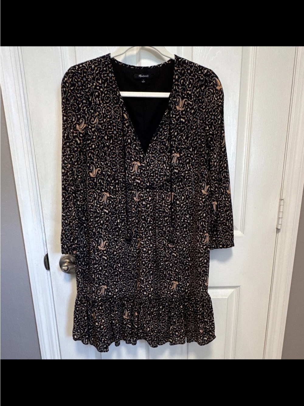 Madewell Abstract Print Shift Dress V-Neck Tassel Ruffle Long Sleeve Size 0